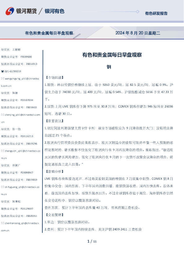 有色和贵金属每日早盘观察