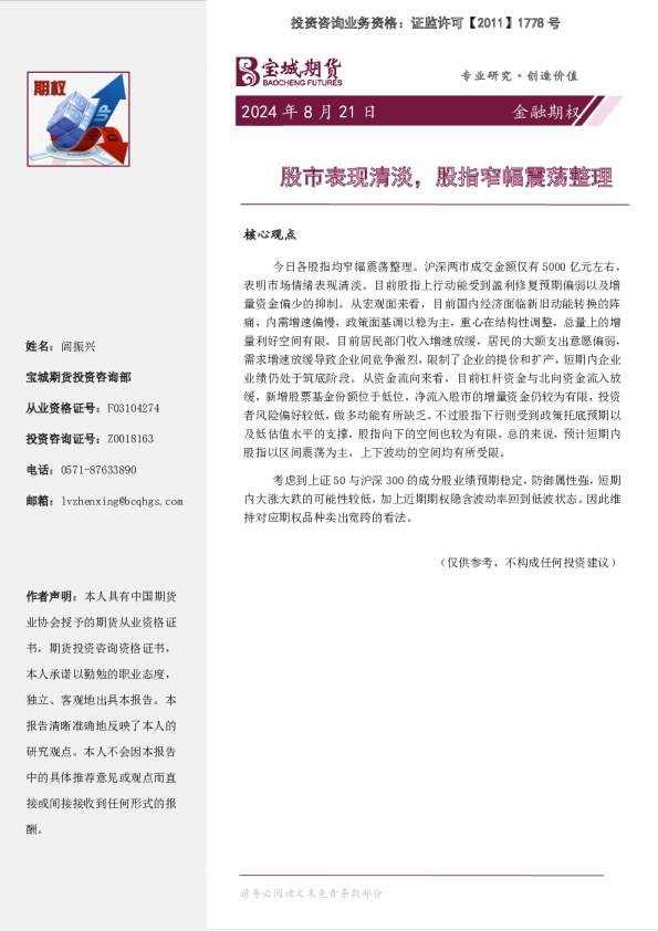 金融期权日报：股市表现清淡，股指窄幅震荡整理