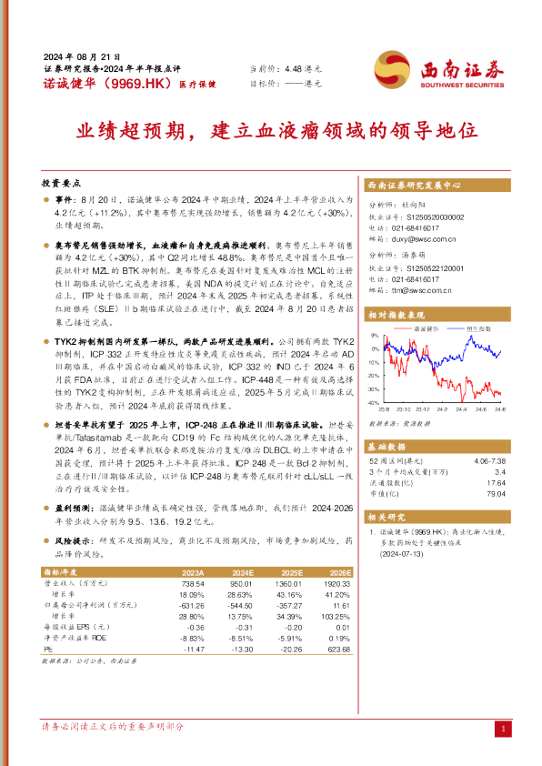 业绩超预期,建立血液瘤领域的领导地位