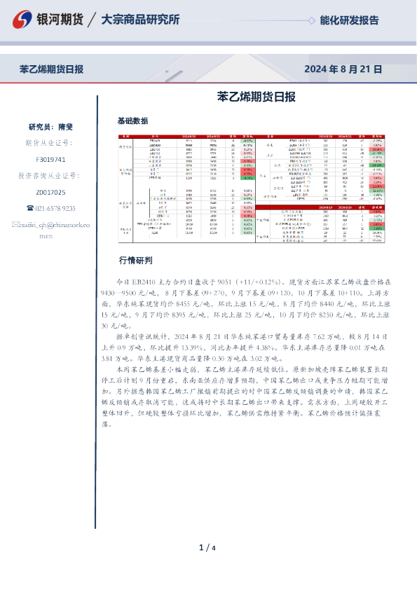 苯乙烯期货日报