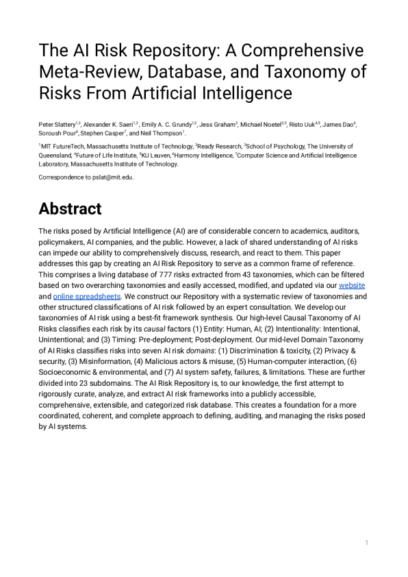 麻省理工(MIT)AI风险存储库报告:人工智能风险的综合性元评审、数据库和分类法