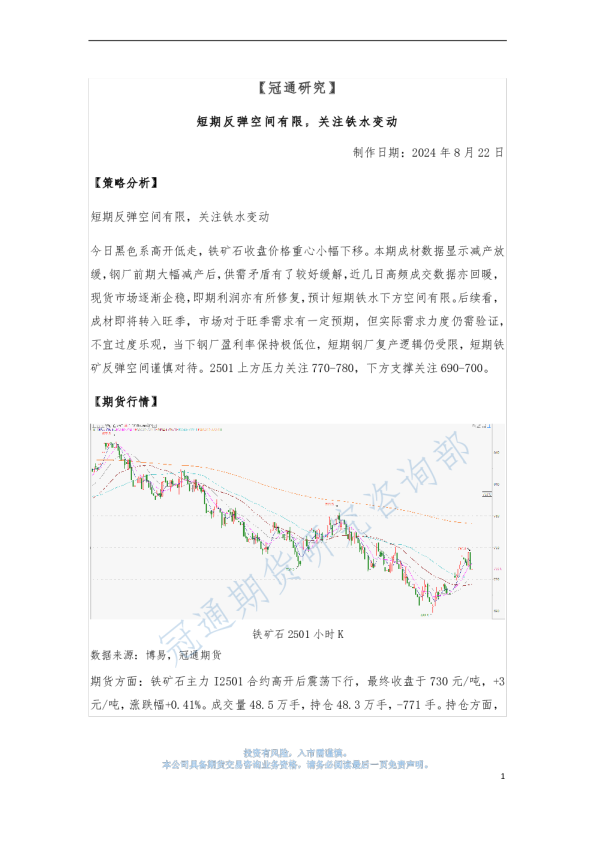 短期反弹空间有限，关注铁水变动