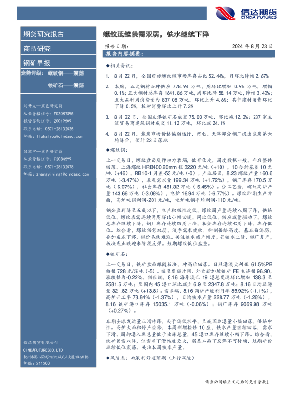 螺纹延续供需双弱，铁水继续下降
