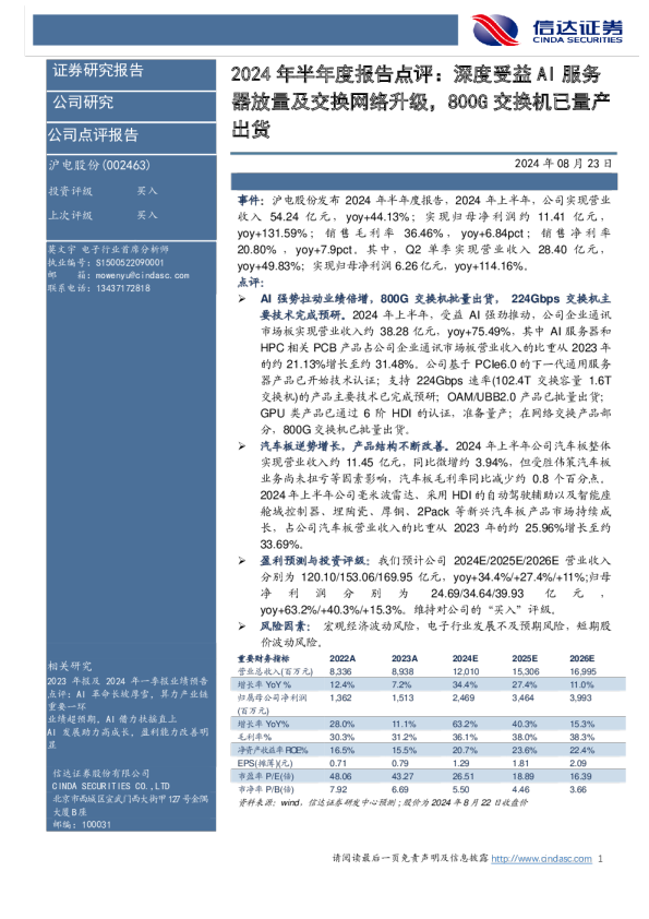 2024年半年度报告点评：深度受益AI服务器放量及交换网络升级，800G交换机已量产出货