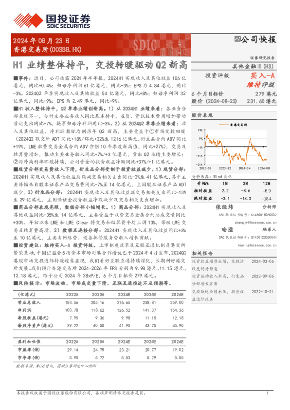 H1业绩整体持平，交投转暖驱动Q2新高