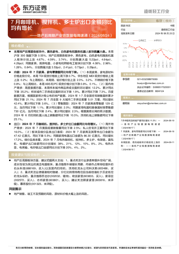 造纸轻工行业地产后周期产业链数据每周速递:7月咖啡机、搅拌机、多士炉出口金额同比均有增长