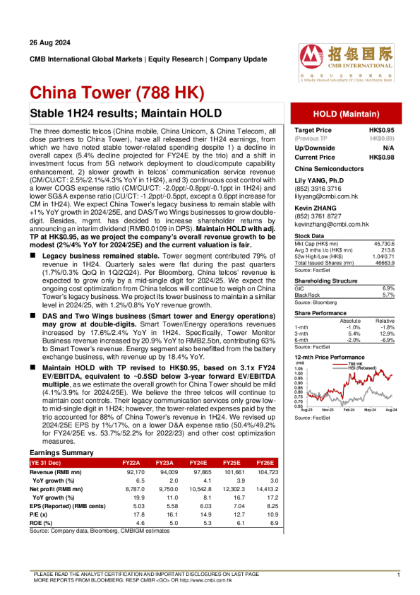 1H24 业绩稳定 ； 保持持有