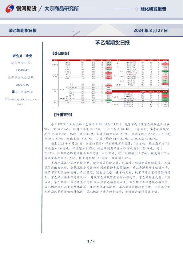 苯乙烯期货日报