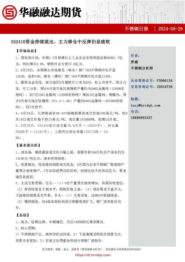 不锈钢日报-SS2410资金持续流出，主力移仓中反弹仍显疲软