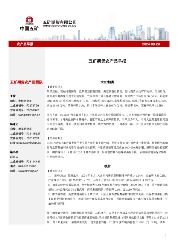 五矿期货农产品早报