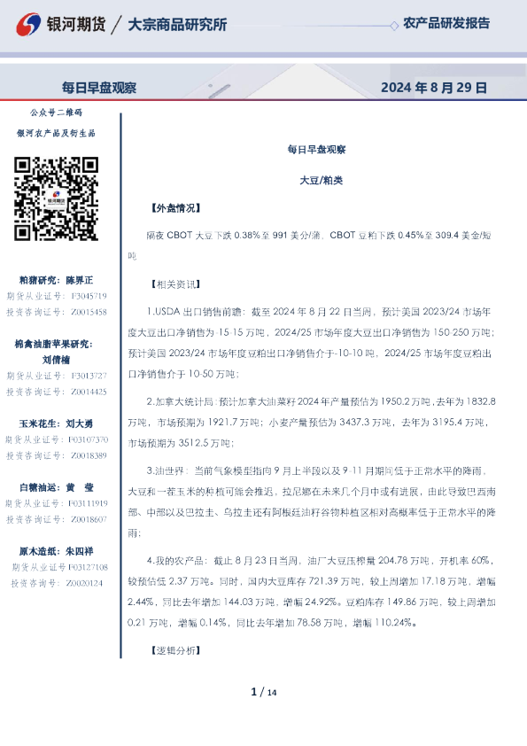 银河期货每日早盘观察