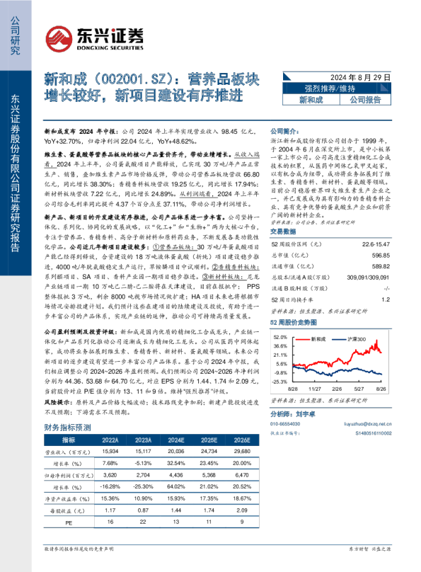 营养品板块增长较好，新项目建设有序推进