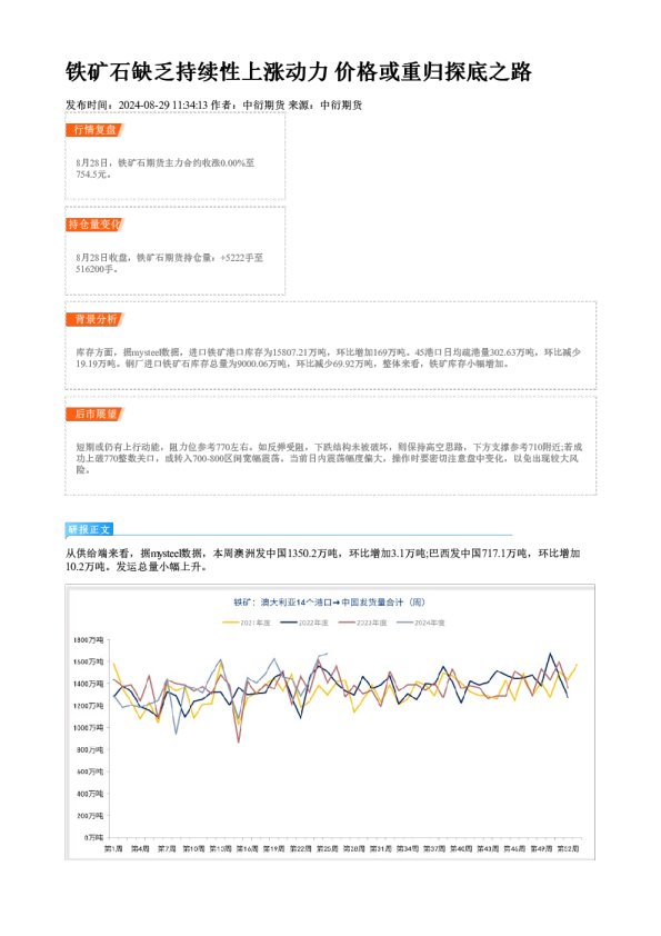 铁矿石缺乏持续性上涨动力 价格或重归探底之路