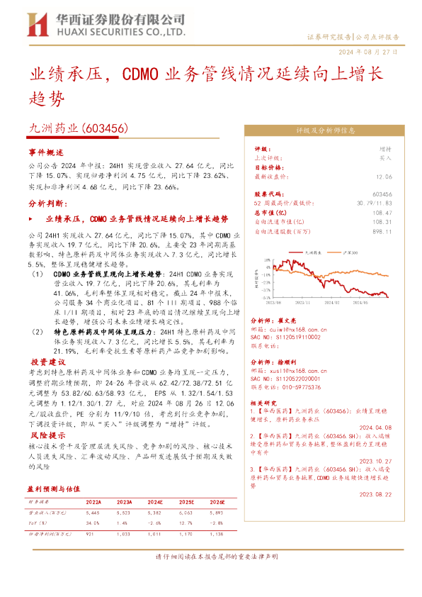 业绩承压，CDMO业务管线情况延续向上增长趋势
