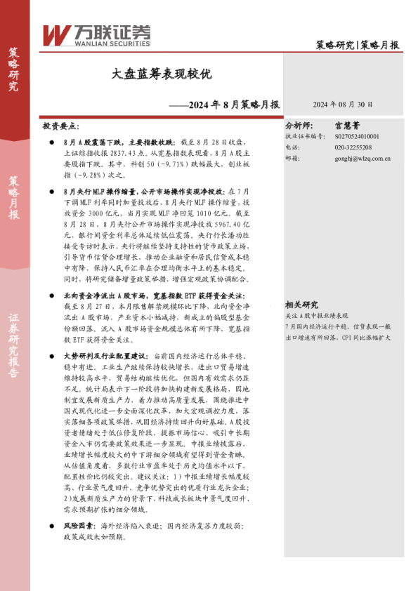 2024年8月策略月报：大盘蓝筹表现较优