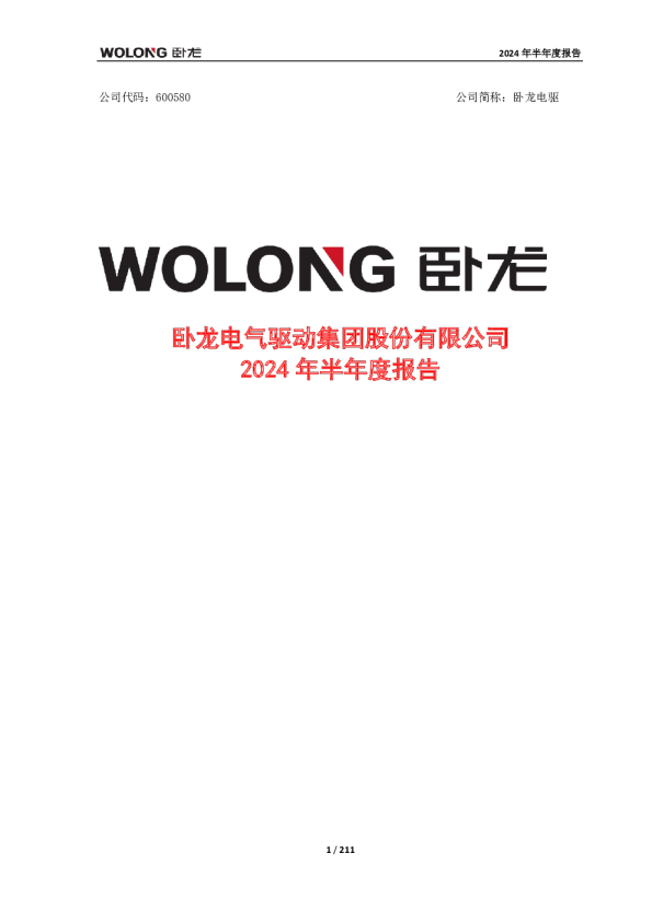 卧龙电驱:卧龙电驱2024年半年度报告