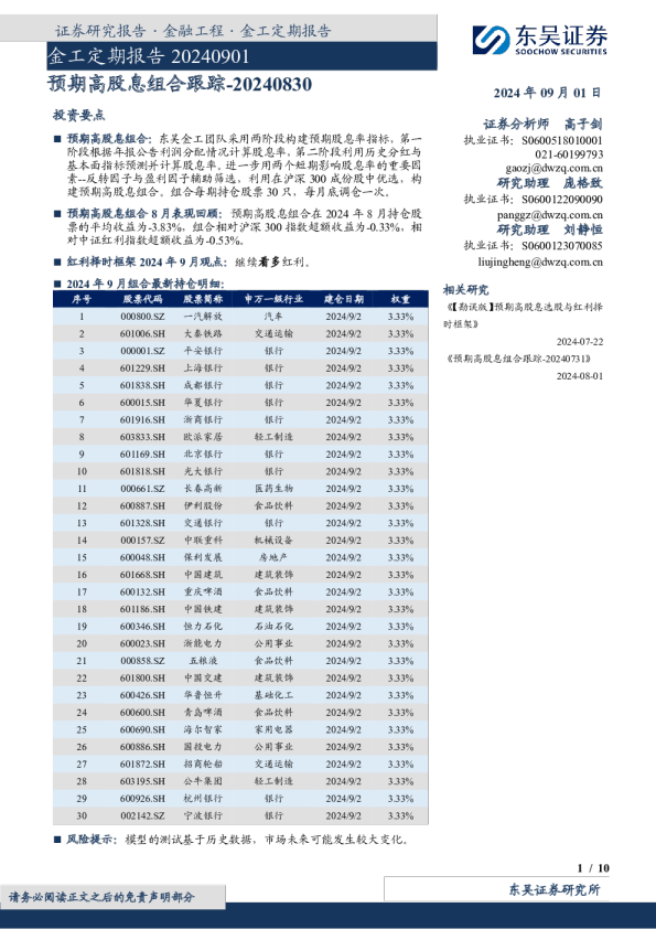 金工定期报告20240901：预期高股息组合跟踪