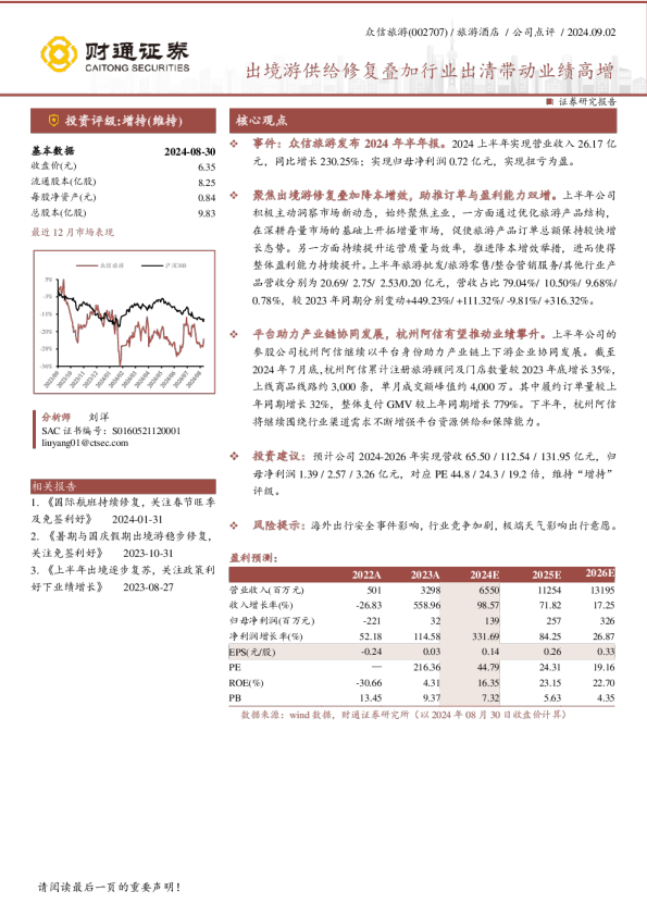 出境游供给修复叠加行业出清带动业绩高增