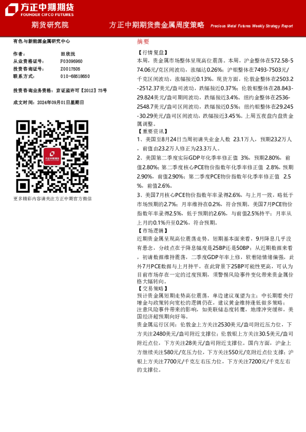 方正中期期货贵金属周度策略