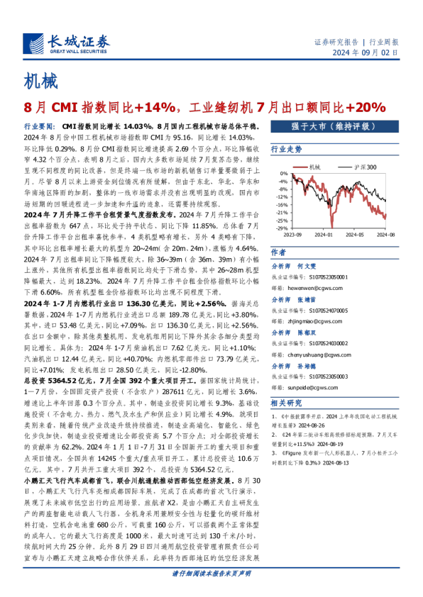 8月CMI指数同比+14%，工业缝纫机7月出口额同比+20%