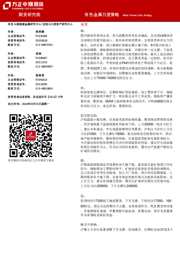 方正中期期货有色金属日度策略