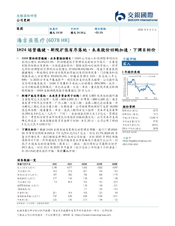 1H24运营稳健、新院扩张有序落地，未来股份回购加速，下调目标价