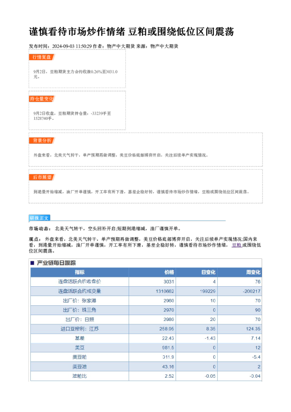 谨慎看待市场炒作情绪 豆粕或围绕低位区间震荡