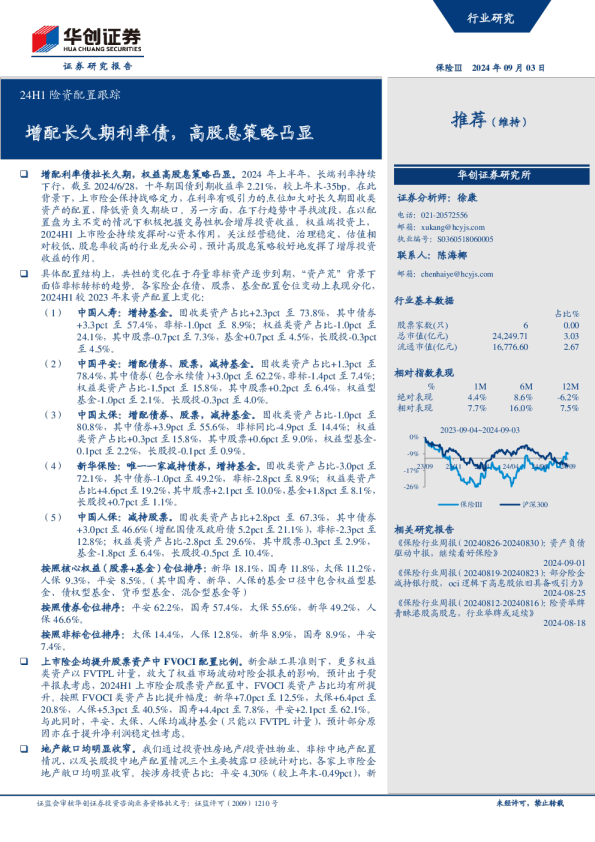 保险Ⅲ：24H1险资配置跟踪-增配长久期利率债，高股息策略凸显