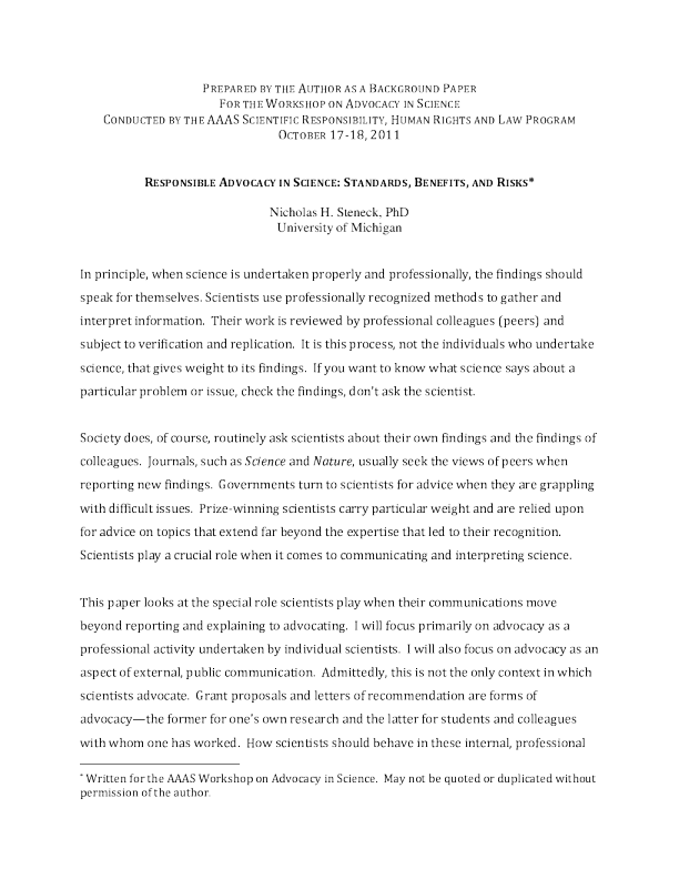 报告 : 负责任的科学倡导 : 标准 , 利益和风险