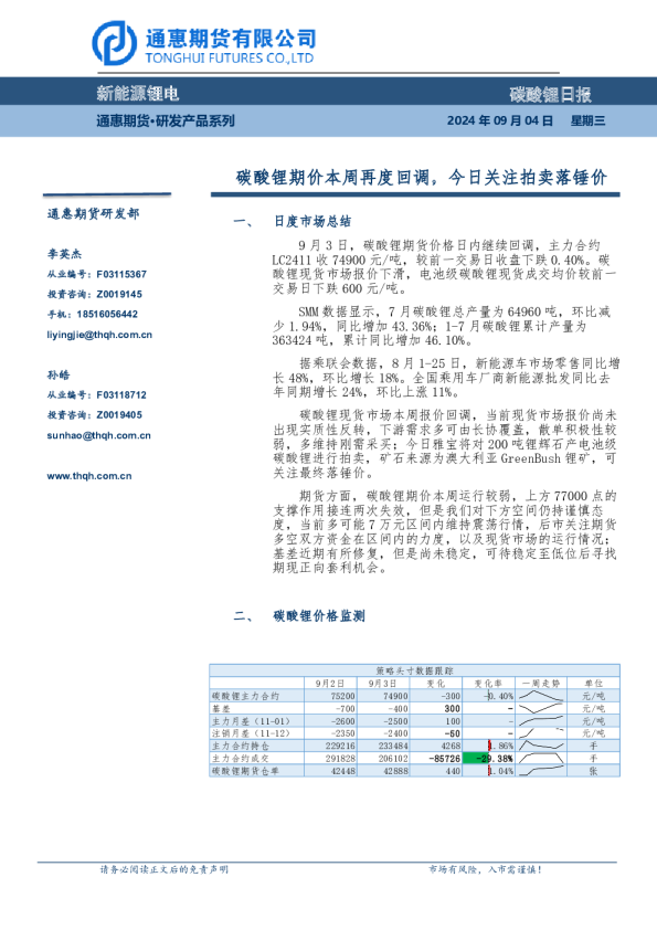 碳酸锂期价本周再度回调，今日关注拍卖落锤价