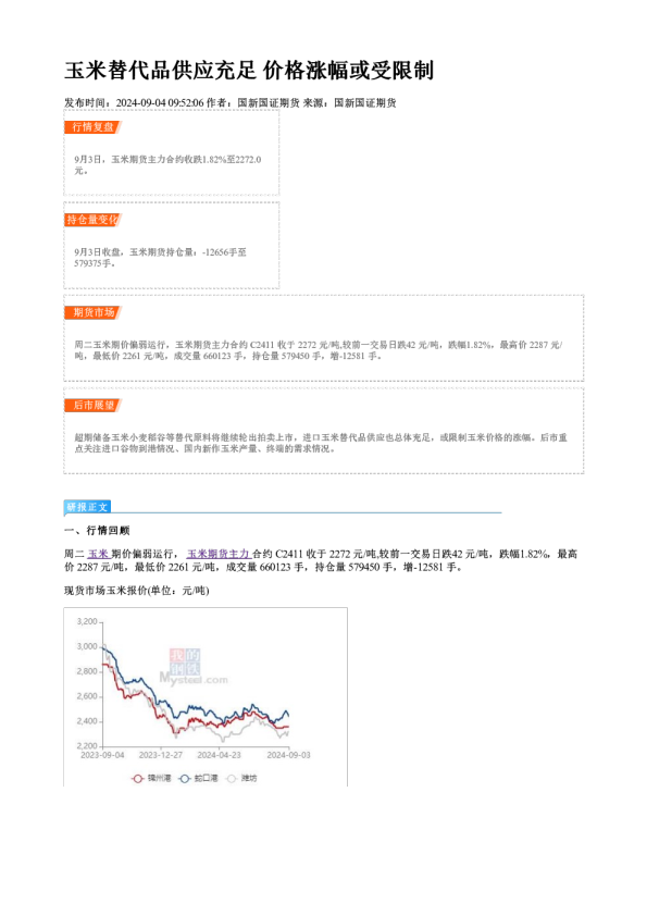 玉米替代品供应充足 价格涨幅或受限制