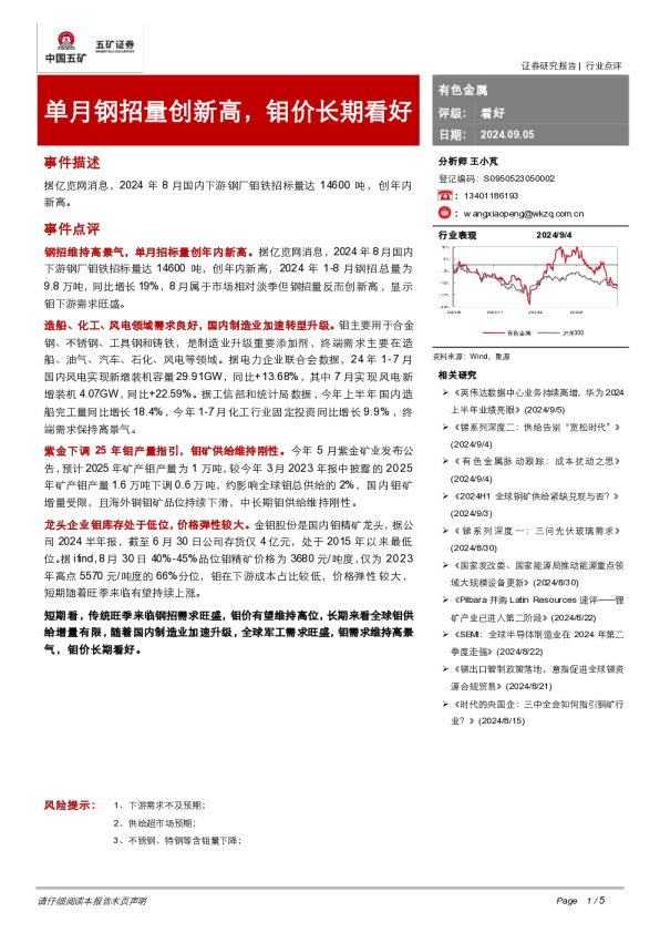 有色金属行业点评：单月钢招量创新高，钼价长期看好