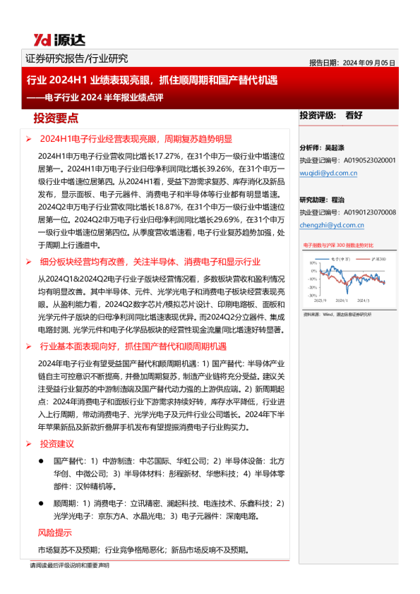 电子行业2024半年报业绩点评：行业2024H1业绩表现亮眼，抓住顺周期和国产替代机遇