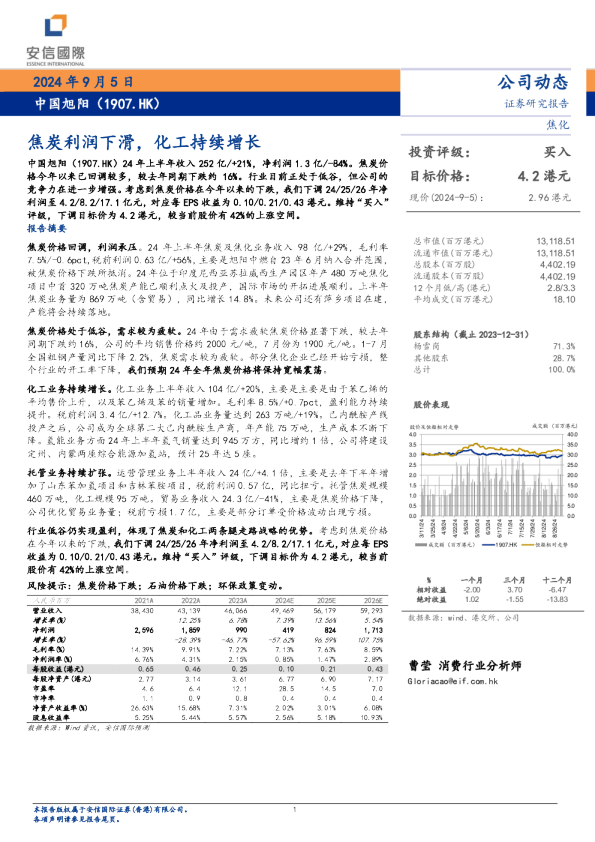 焦炭利润下滑，化工持续增长