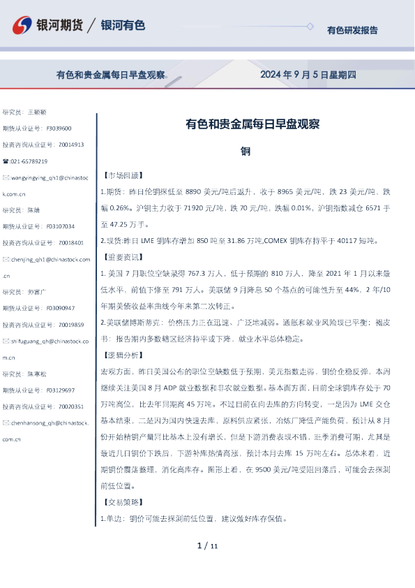 有色和贵金属每日早盘观察