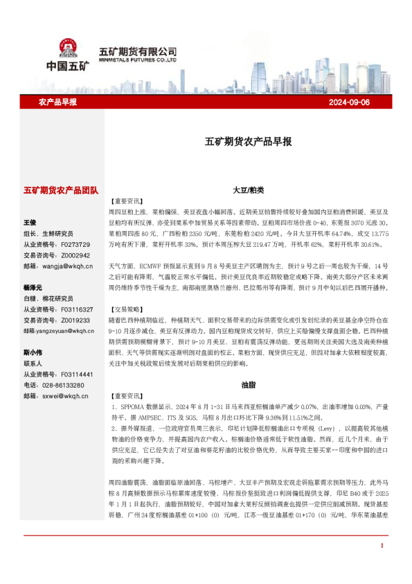 五矿期货农产品早报