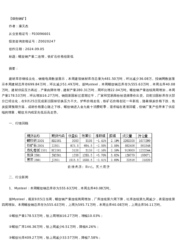 【螺纹铁矿】日报-2024-09-05