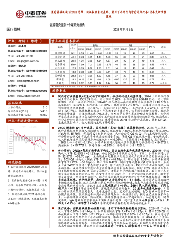 医疗器械板块2024H1总结:低耗板块表现亮眼,看好下半年院内诊疗边际改善+设备更新陆续落地