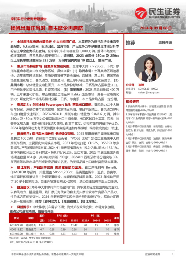 摩托车行业出海专题报告：扬帆出海正当时 自主摩企再启航