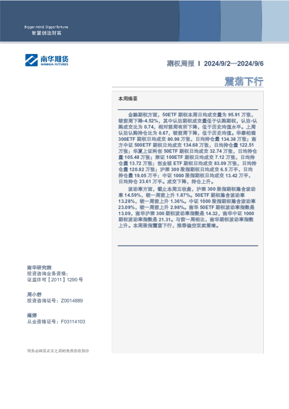 期权周报：震荡下行