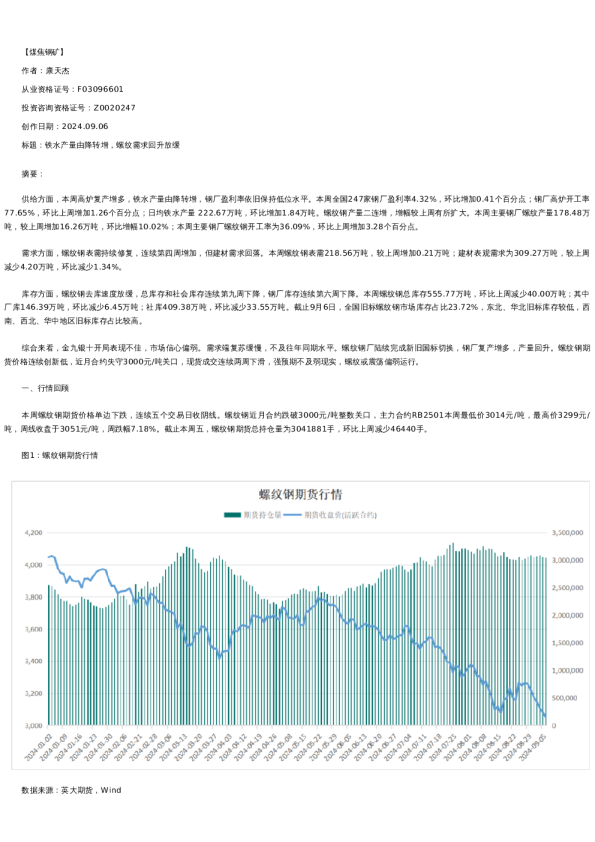 【螺纹铁矿】周报-2024-09-06