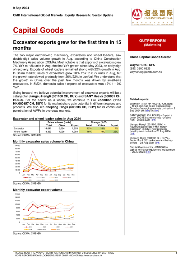 资本设备：挖掘机出口量首次在15个月内实现增长
