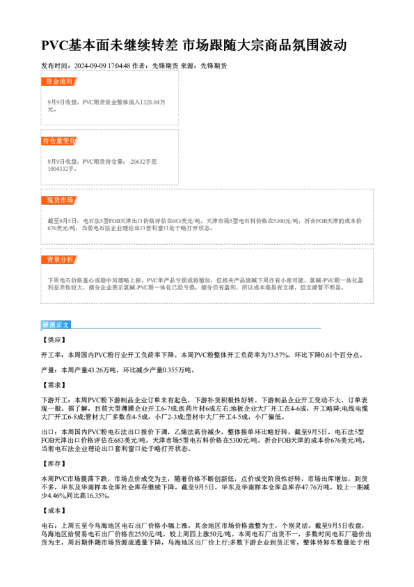 PVC基本面未继续转差 市场跟随大宗商品氛围波动