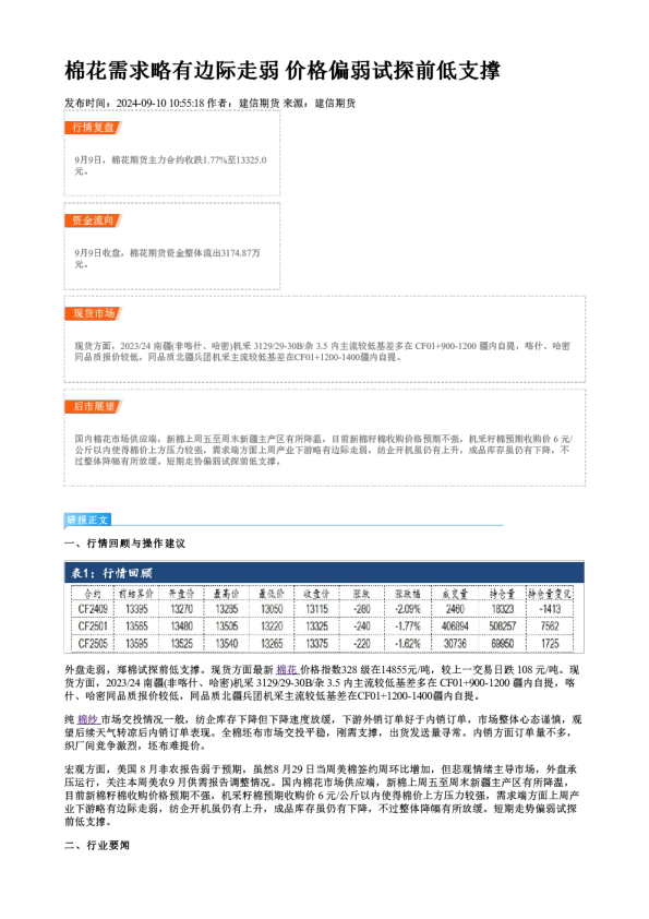 棉花需求略有边际走弱 价格偏弱试探前低支撑