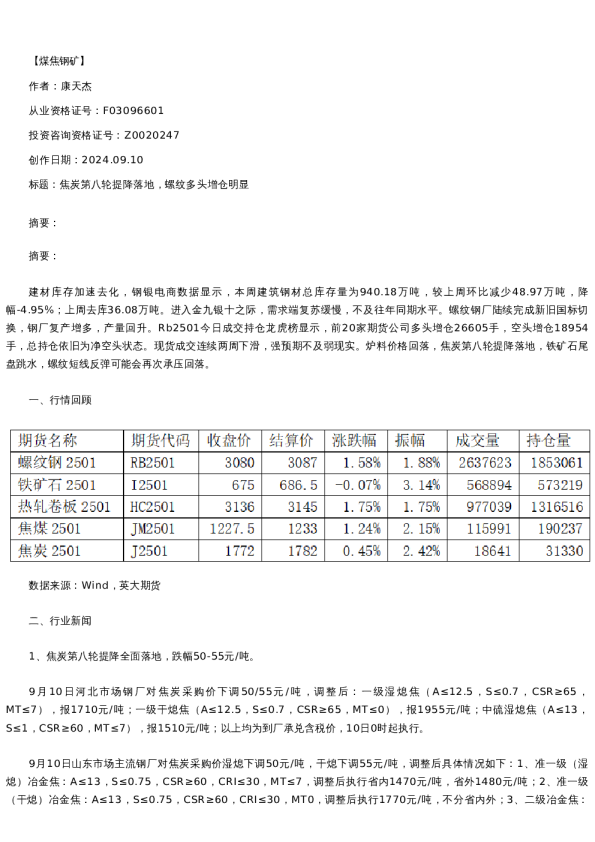 【螺纹铁矿】日报-2024-09-10