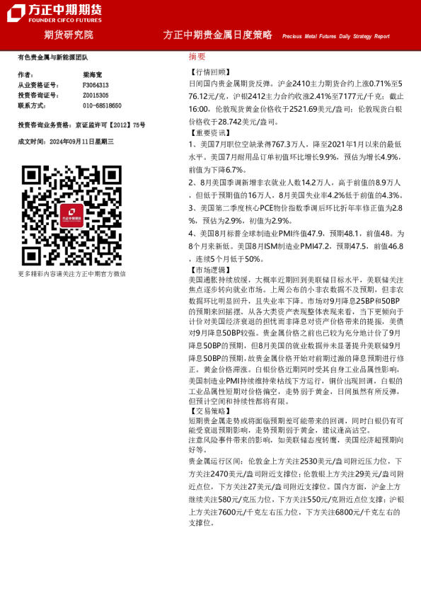方正中期贵金属日度策略