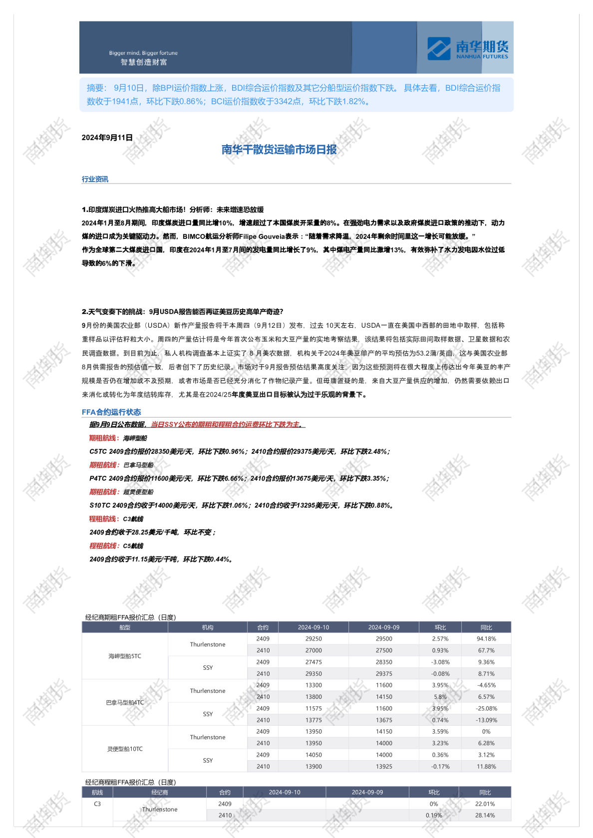 南华干散货运输市场日报0911