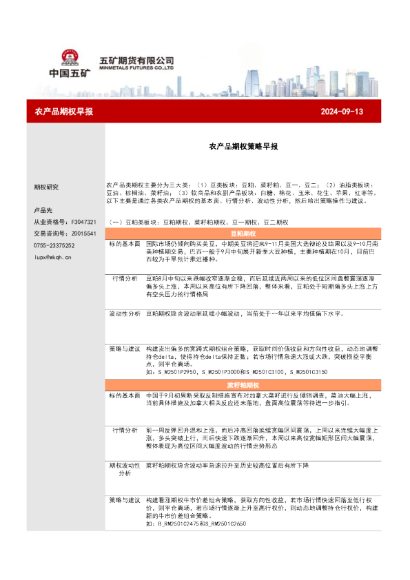 农产品期权策略早报