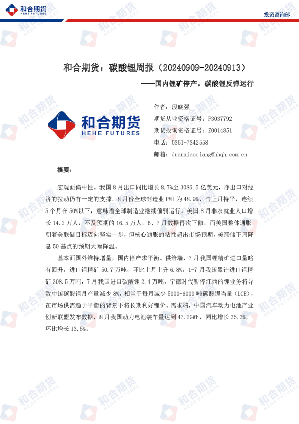 碳酸锂周报：国内锂矿停产，碳酸锂反弹运行