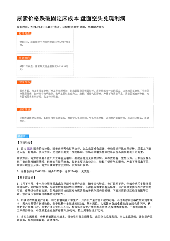 尿素价格跌破固定床成本 盘面空头兑现利润